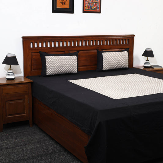 Black - Plain Cotton Double Bed Cover with Block Print Patchwork (94 x 89 In)
