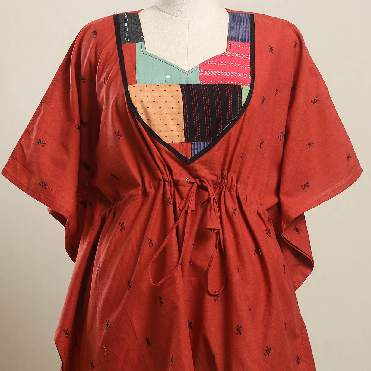 Buy Red Jacquard Mosaic Fusion Cotton Kaftan