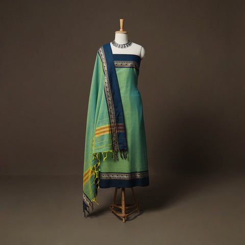 Green - Dharwad Mercerised Cotton 3pc Unstitched Dress Material Suit Set with Woven Border 35