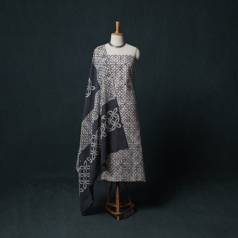 Beige - Hand Batik Print Cotton 3pc Unstitched Dress Material Suit Set 01