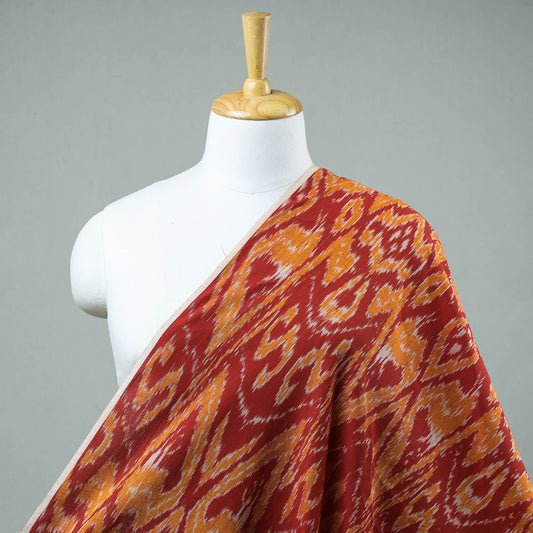 Multicolor - Yellow Patterns On Red Pochampally Central Asian Ikat Cotton Handloom Fabric