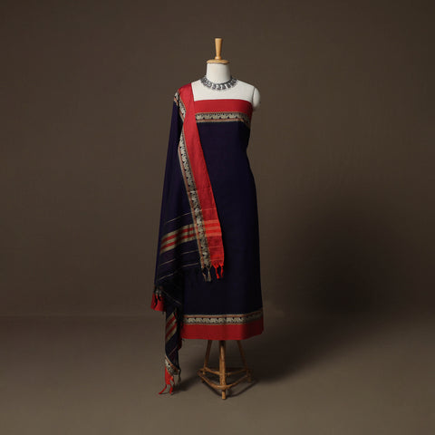 Black - Dharwad Mercerised Cotton 3pc Unstitched Dress Material Suit Set with Woven Border 37