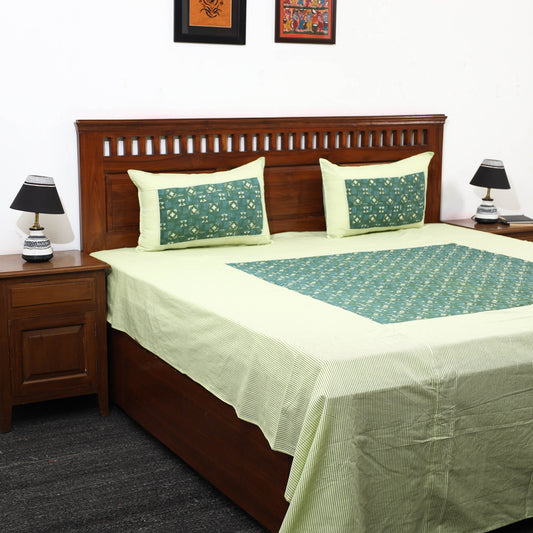 Green - Plain Cotton Double Bed Cover with Block Print Patchwork (94 x 89 In)