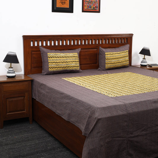 Brown - Plain Cotton Double Bed Cover with Block Print Patchwork (94 x 89 In)
