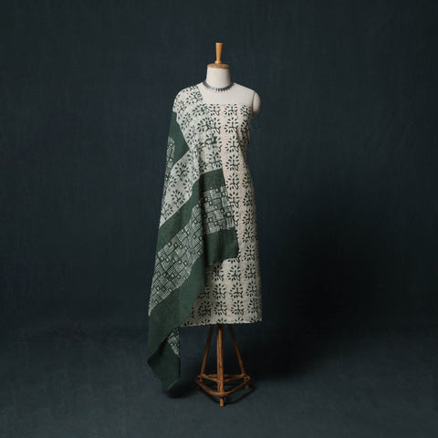 Green - Hand Batik Print Cotton 3pc Unstitched Dress Material Suit Set 06