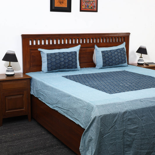 Blue - Plain Cotton Double Bed Cover with Block Print Patchwork (94 x 89 In)
