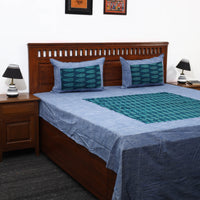 Blue - Plain Cotton Double Bed Cover with Block Print Patchwork (94 x 89 In)