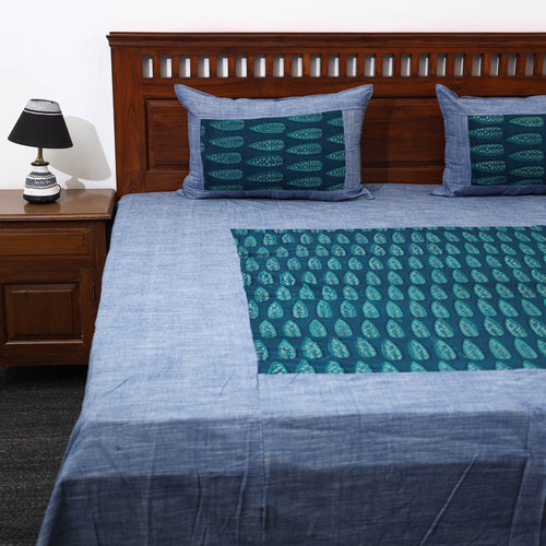 Blue - Plain Cotton Double Bed Cover with Block Print Patchwork (94 x 89 In)