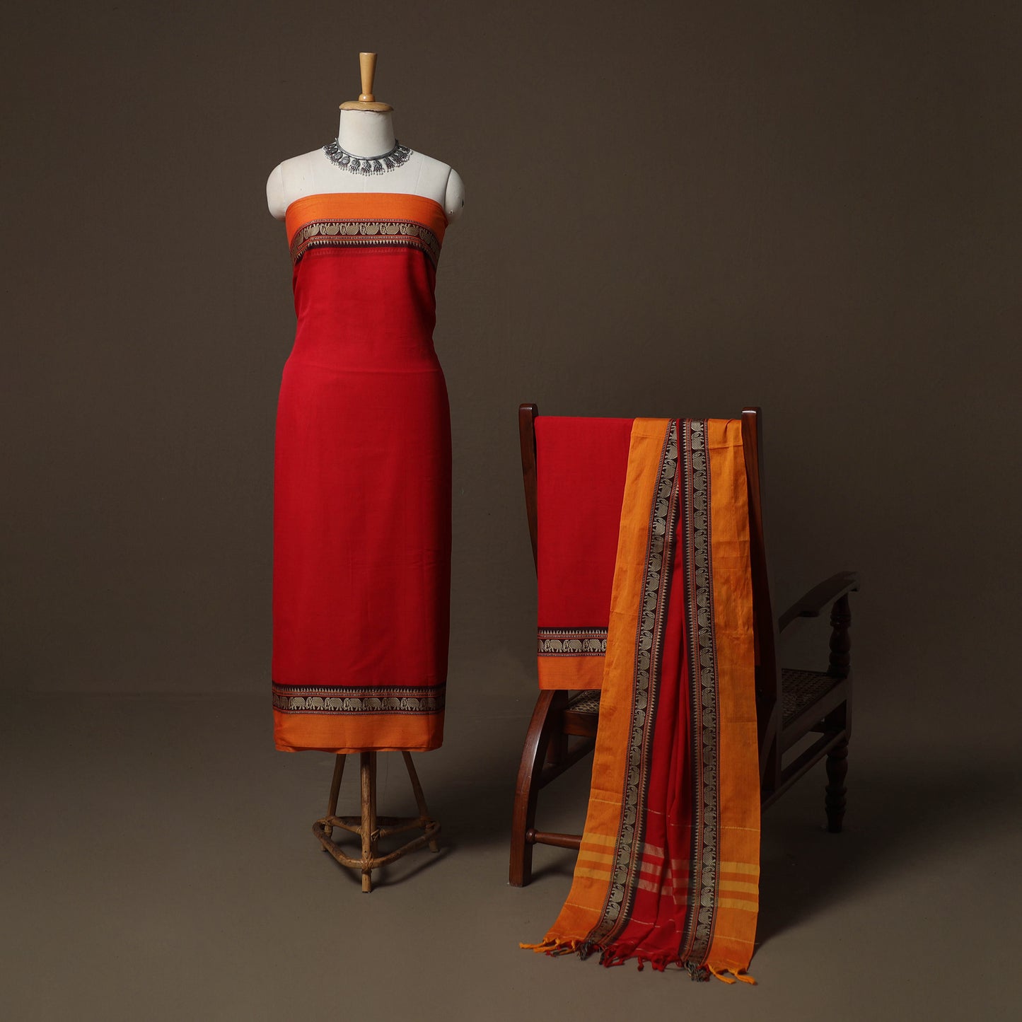 Dharwad Mercerised Cotton 3pc Unstitched Dress Material Suit Set with Woven Border 41