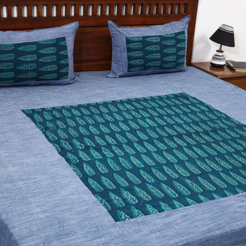 Blue - Plain Cotton Double Bed Cover with Block Print Patchwork (94 x 89 In)