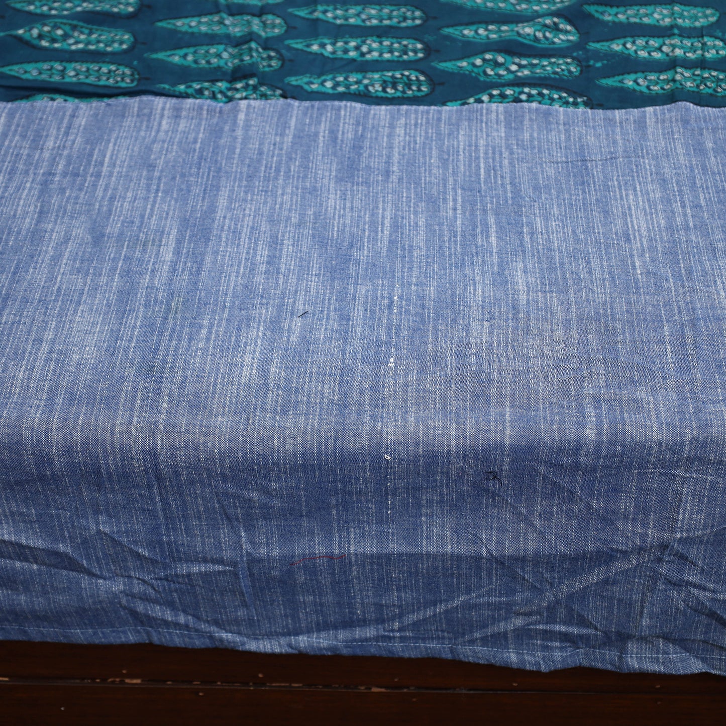 Blue - Plain Cotton Double Bed Cover with Block Print Patchwork (94 x 89 In)