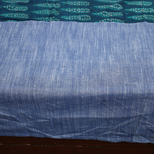 Blue - Plain Cotton Double Bed Cover with Block Print Patchwork (94 x 89 In)