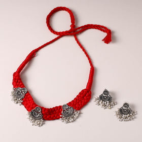 Red - thread work german silver necklace set 04