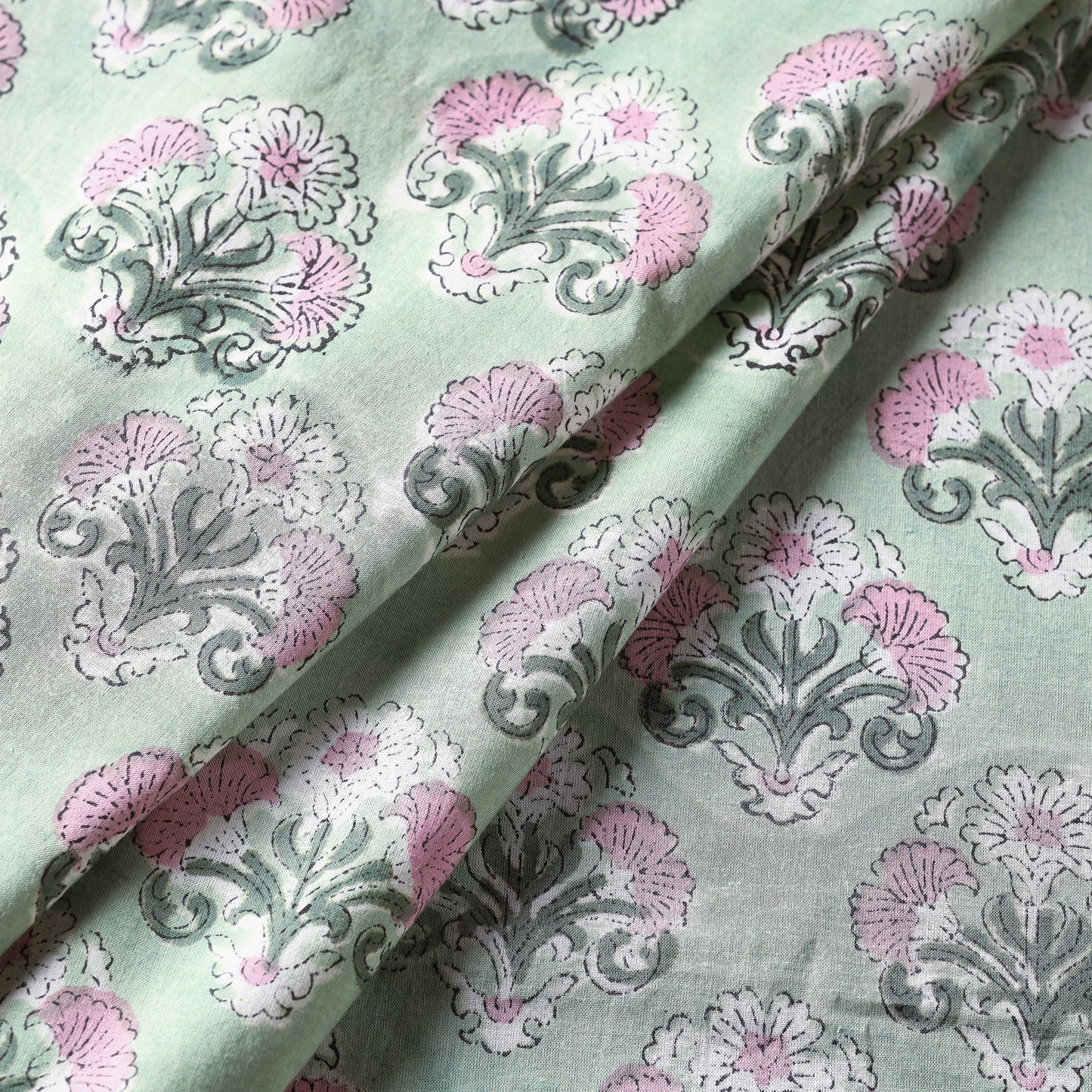 Green Tri-Floral Butta Sanganeri Block Printed Cotton Fabric