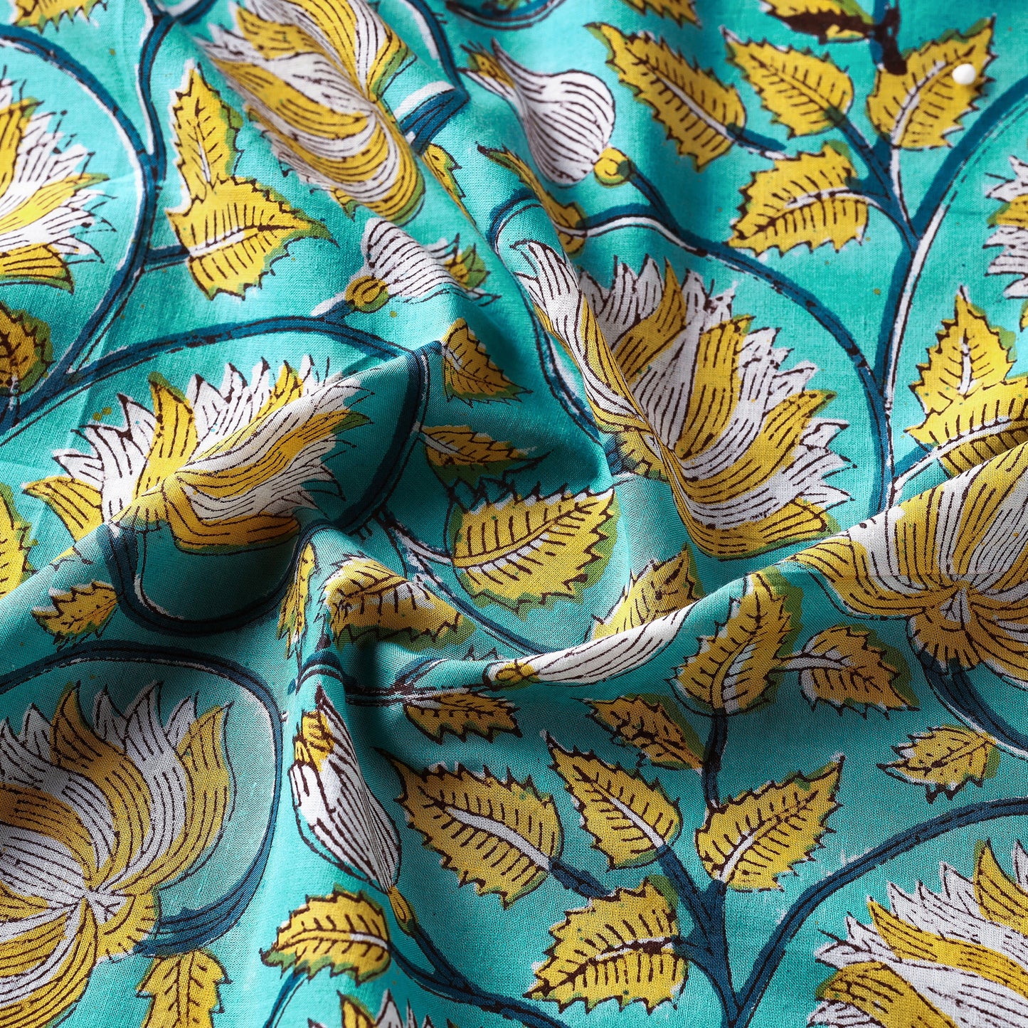 Yellow Lotus On Blue Sanganeri Block Printed Cotton Fabric