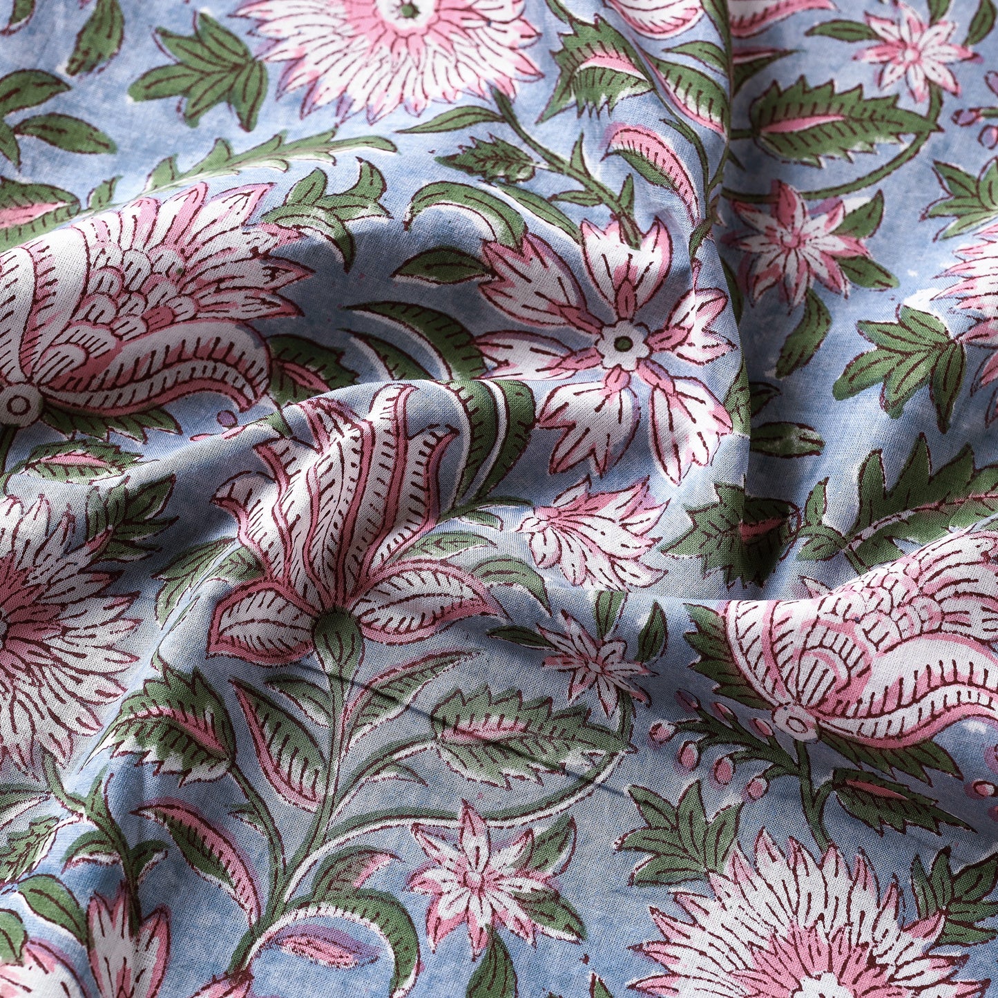 Multicolor - Pink Aster Pattern On Purple Sanganeri Block Printed Cotton Fabric