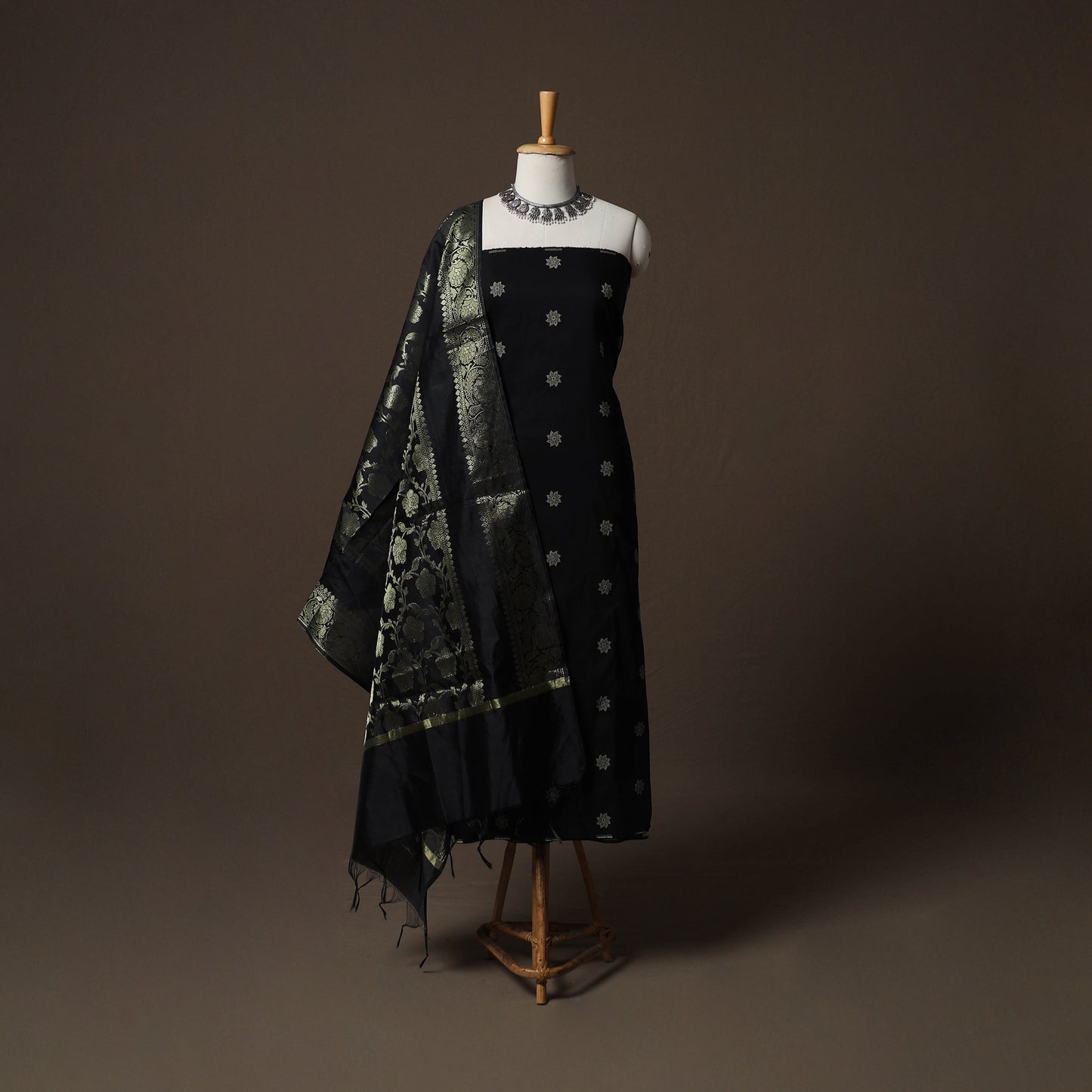 Spun Dupion Viscose Silk Buti 2pc Unstitched Dress Material Kurta Set with Earrings 64