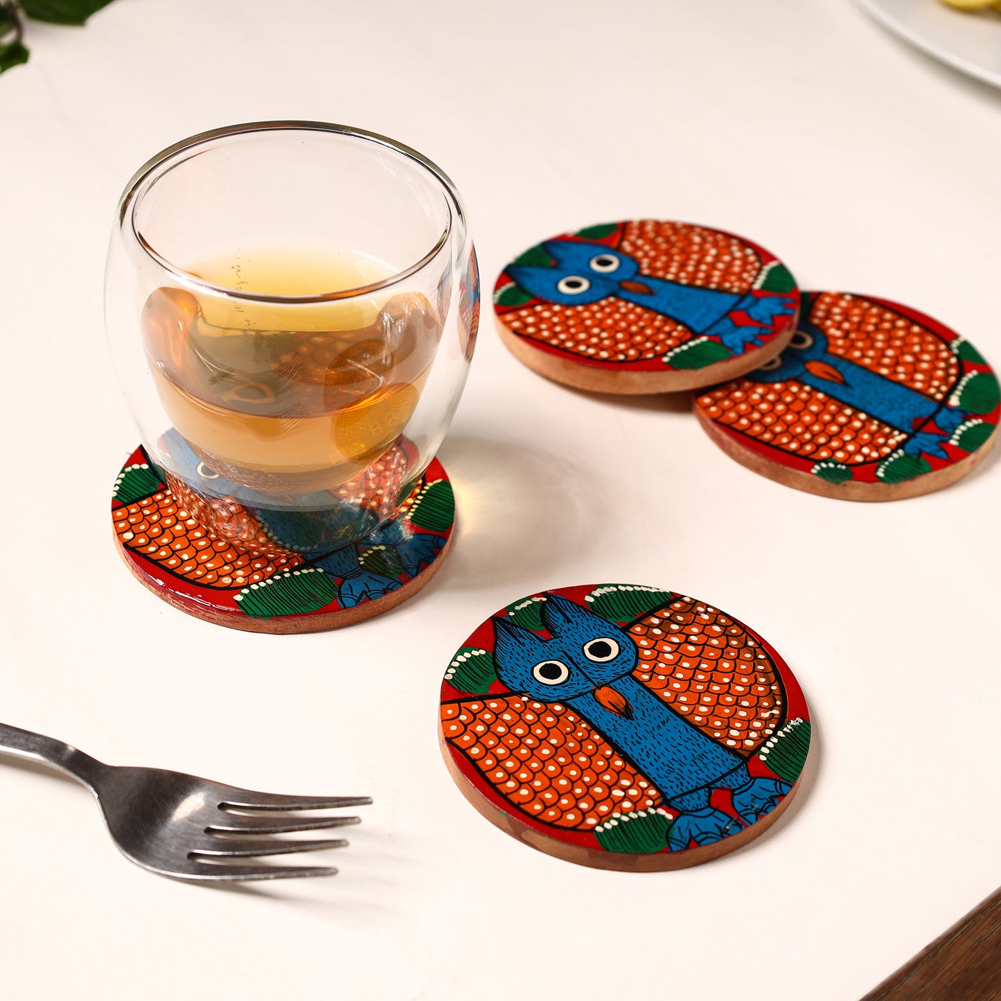 Bengal Patua Handpainted Akashmoni Wooden Coasters (Set of 4) 04