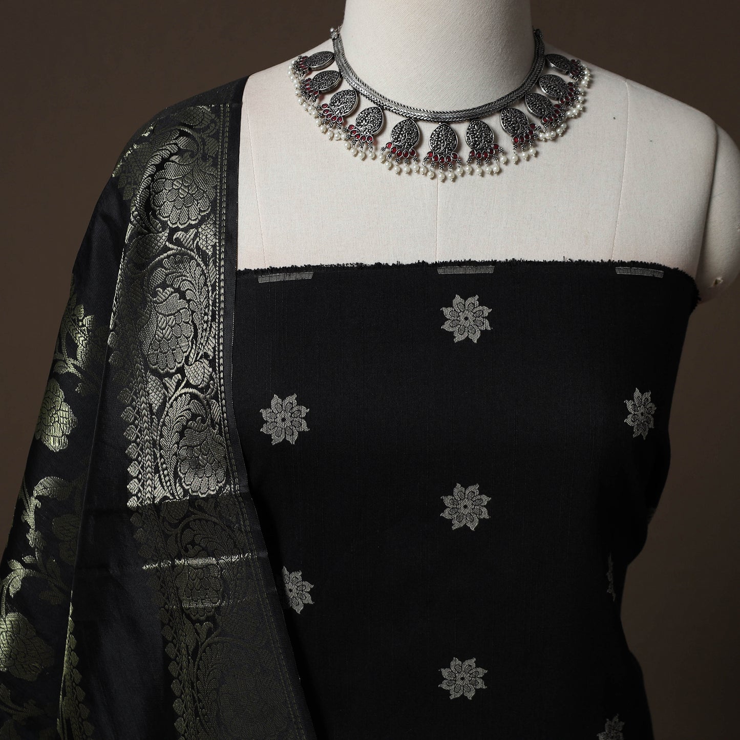 Spun Dupion Viscose Silk Buti 2pc Unstitched Dress Material Kurta Set with Earrings 64
