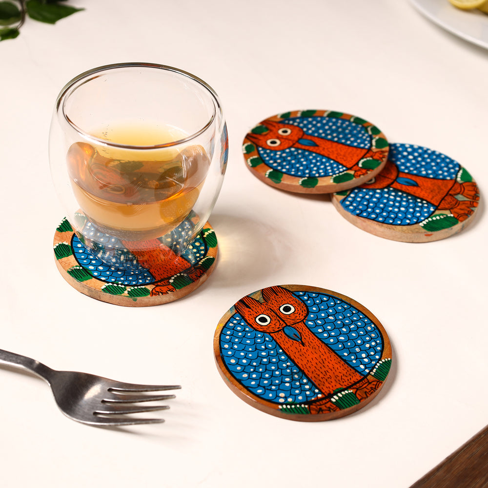 Bengal Patua Handpainted Akashmoni Wooden Coasters (Set of 4) 06