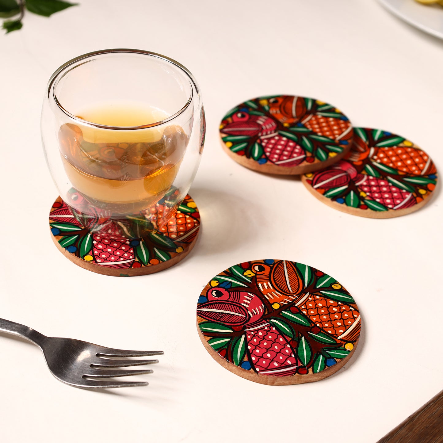 Bengal Patua Handpainted Akashmoni Wooden Coasters (Set of 4) 10