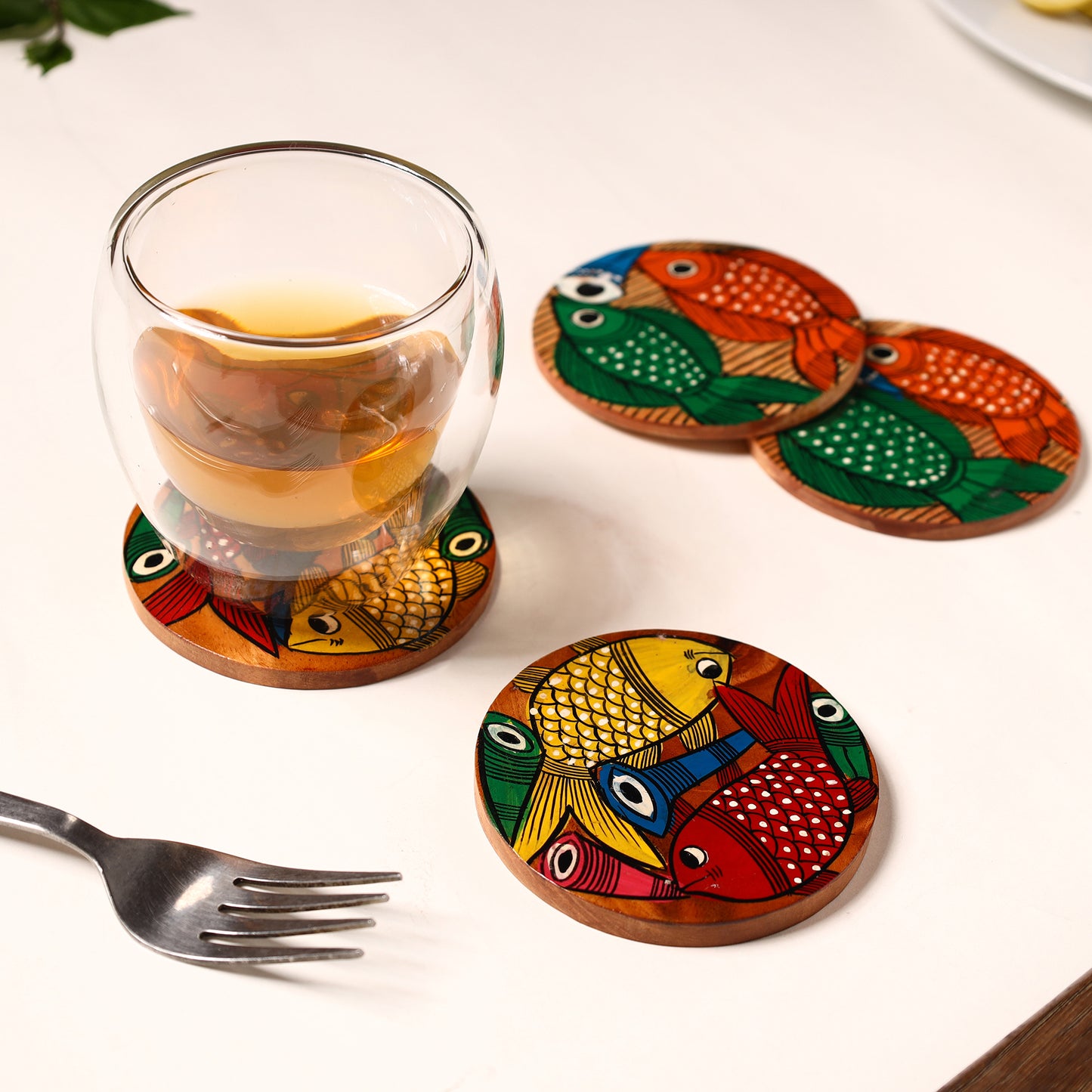 Bengal Patua Handpainted Akashmoni Wooden Coasters (Set of 4) 11