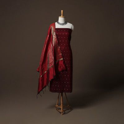 Spun Dupion Viscose Silk Buti 2pc Unstitched Dress Material Kurta Set with Earrings 61