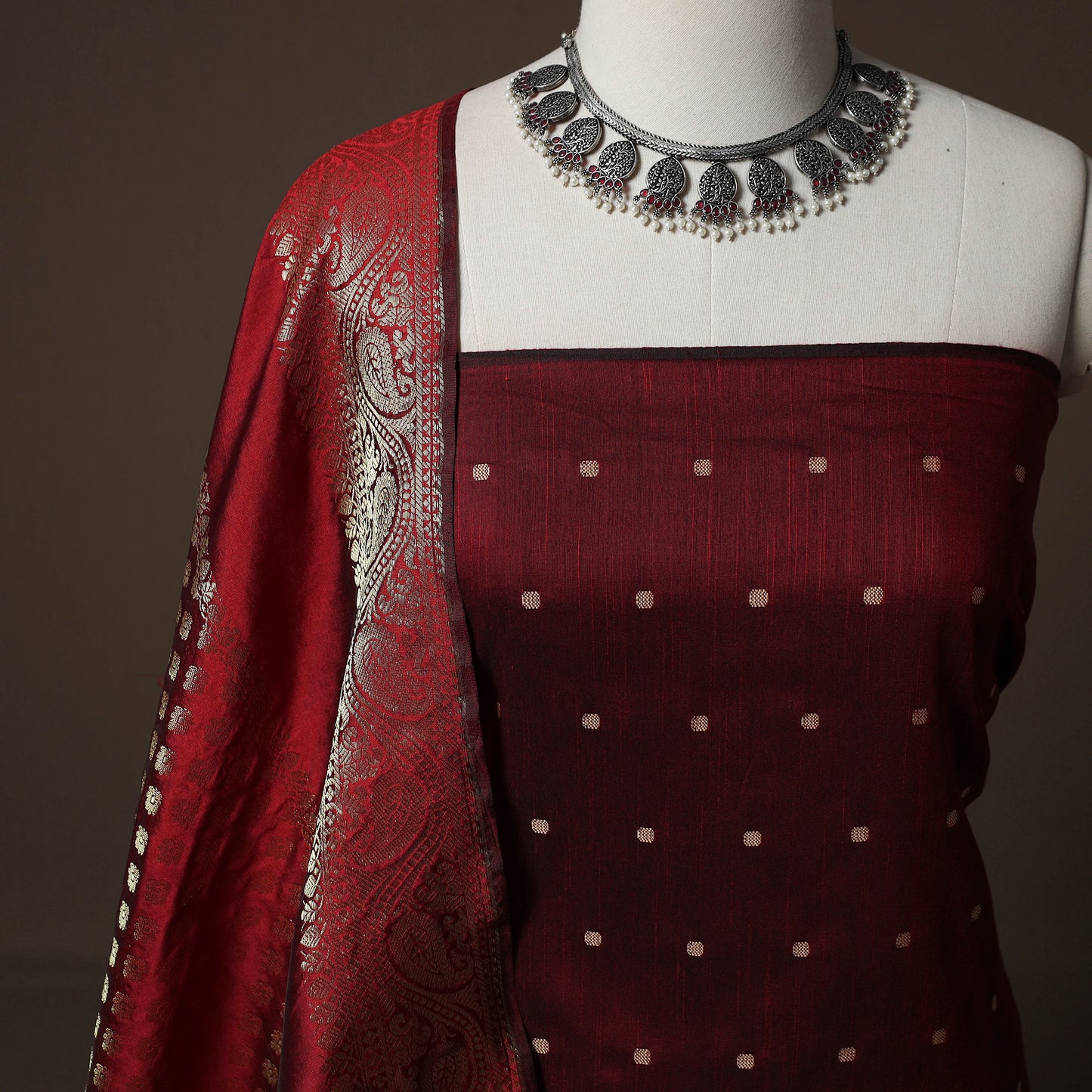 Spun Dupion Viscose Silk Buti 2pc Unstitched Dress Material Kurta Set with Earrings 61