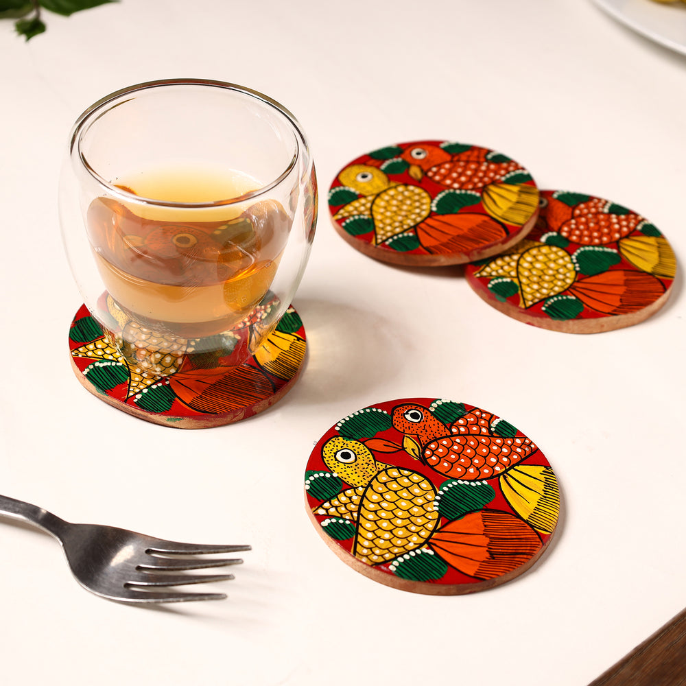 Bengal Patua Handpainted Akashmoni Wooden Coasters (Set of 4) 14