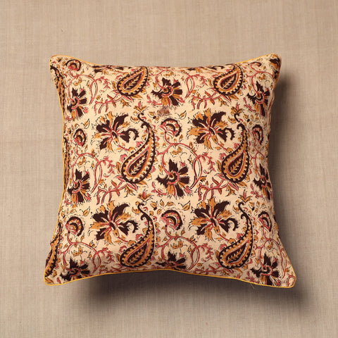 Beige Block Print Cotton Kalamkari Cushion Cover