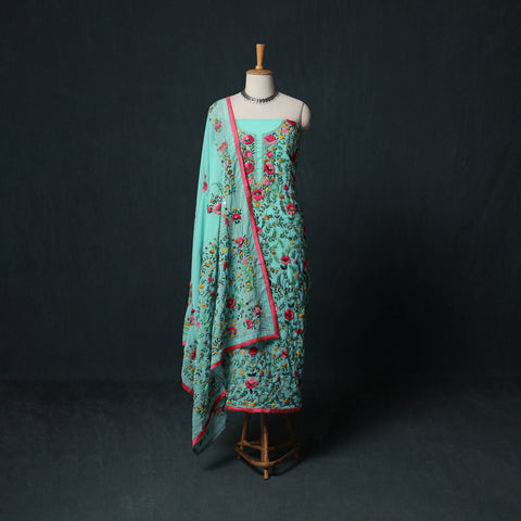 Green - Hand Embroidered Georgette 3pc Unstitched Dress Material Suit Set 01
