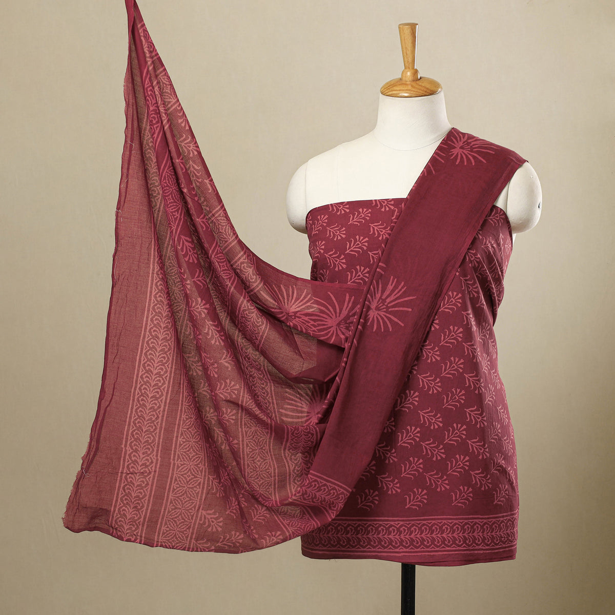  3pc Cotton Maroon Jaipur Print Dress Material