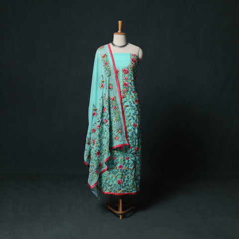Green - Hand Embroidered Georgette 3pc Unstitched Dress Material Suit Set 02