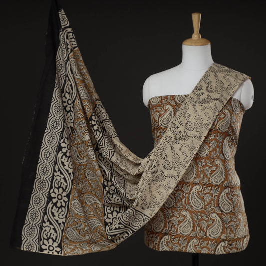 Brown - 3pc Bagru Block Printed Cotton Suit Material Set