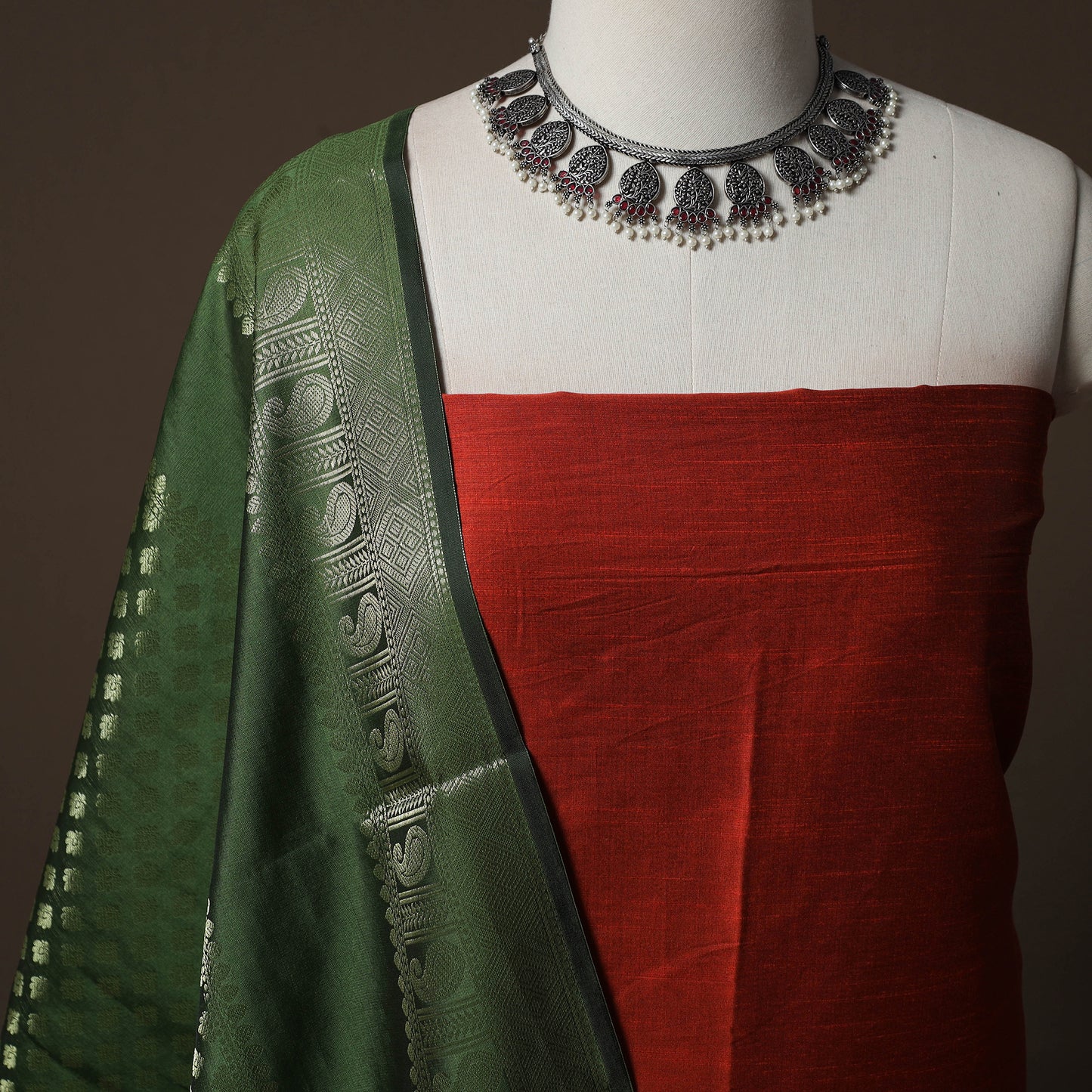Plain Slub Silk 2pc Unstitched Dress Material Kurta Set with Earrings 53