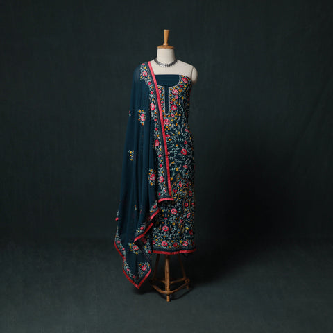 Green - Hand Embroidered Georgette 3pc Unstitched Dress Material Suit Set 05