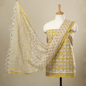 Buy 3pc Cotton Yellow Sanganeri Print Dress Material