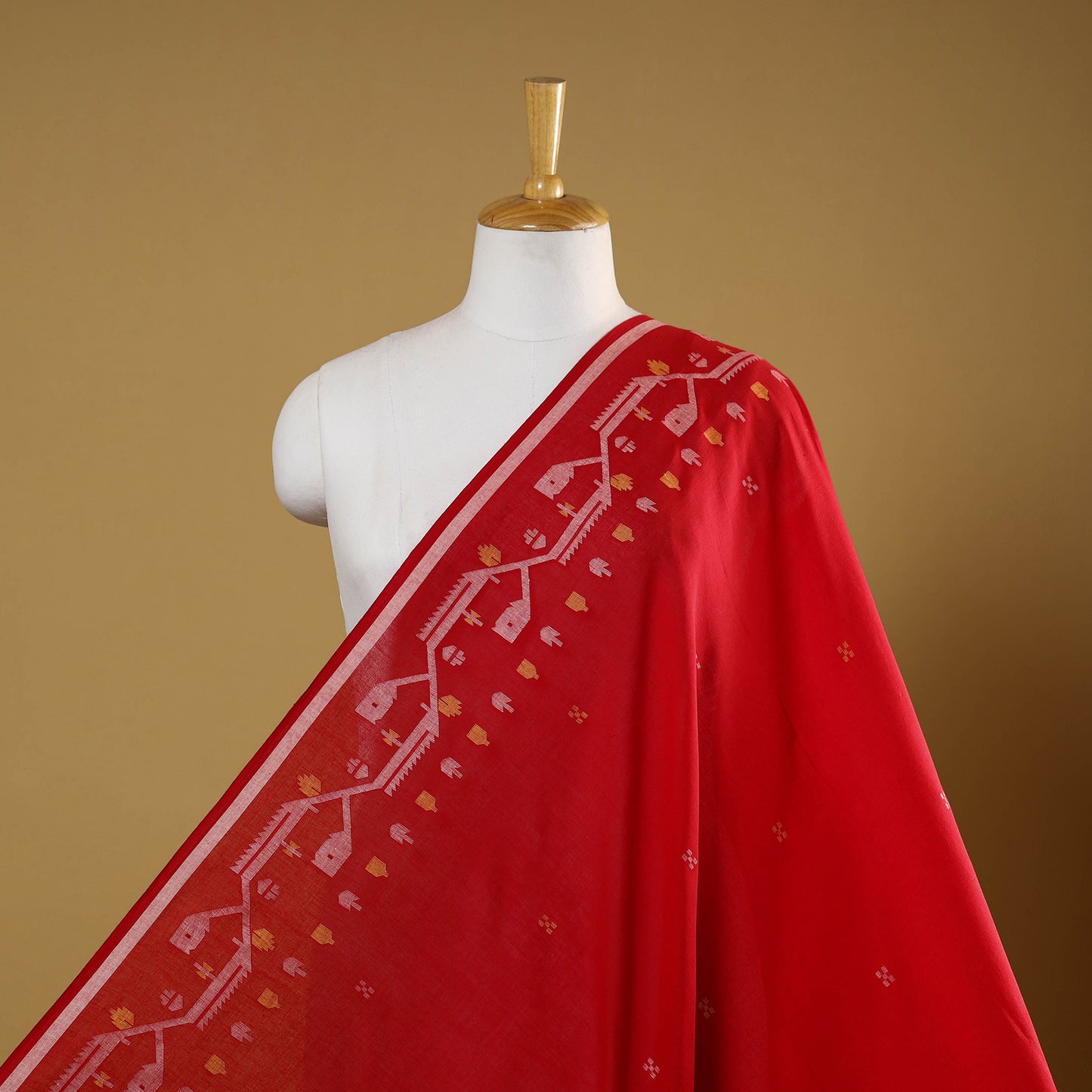Red - handloom cotton phulia jamdani fabric 03 - handcrafted