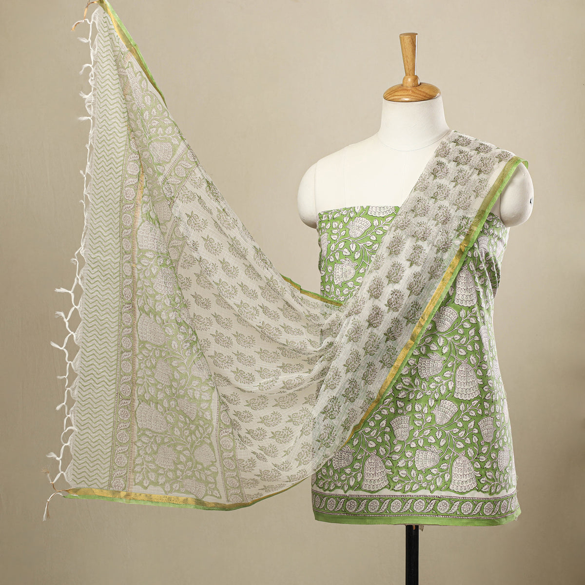 Buy 3pc Cotton Green Sanganeri Print Dress Material