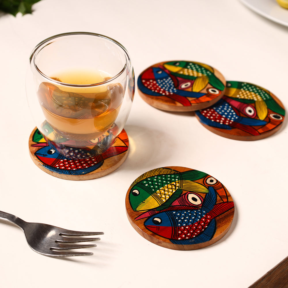 Bengal Patua Handpainted Akashmoni Wooden Coasters (Set of 4) 47