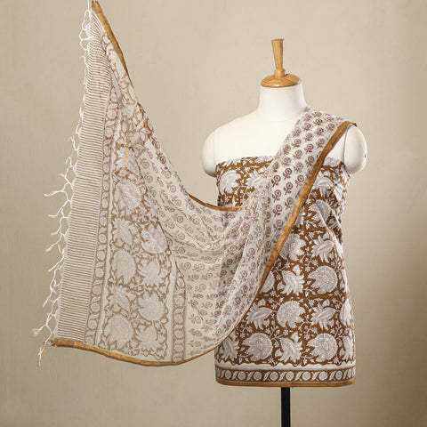  3pc Cotton Brown Sanganeri Print Dress Material