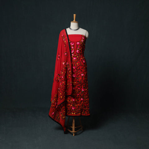 Red - Hand Embroidered Georgette 3pc Unstitched Dress Material Suit Set 09