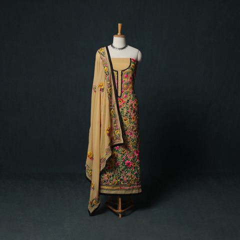 Yellow - Hand Embroidered Georgette 3pc Unstitched Dress Material Suit Set 10