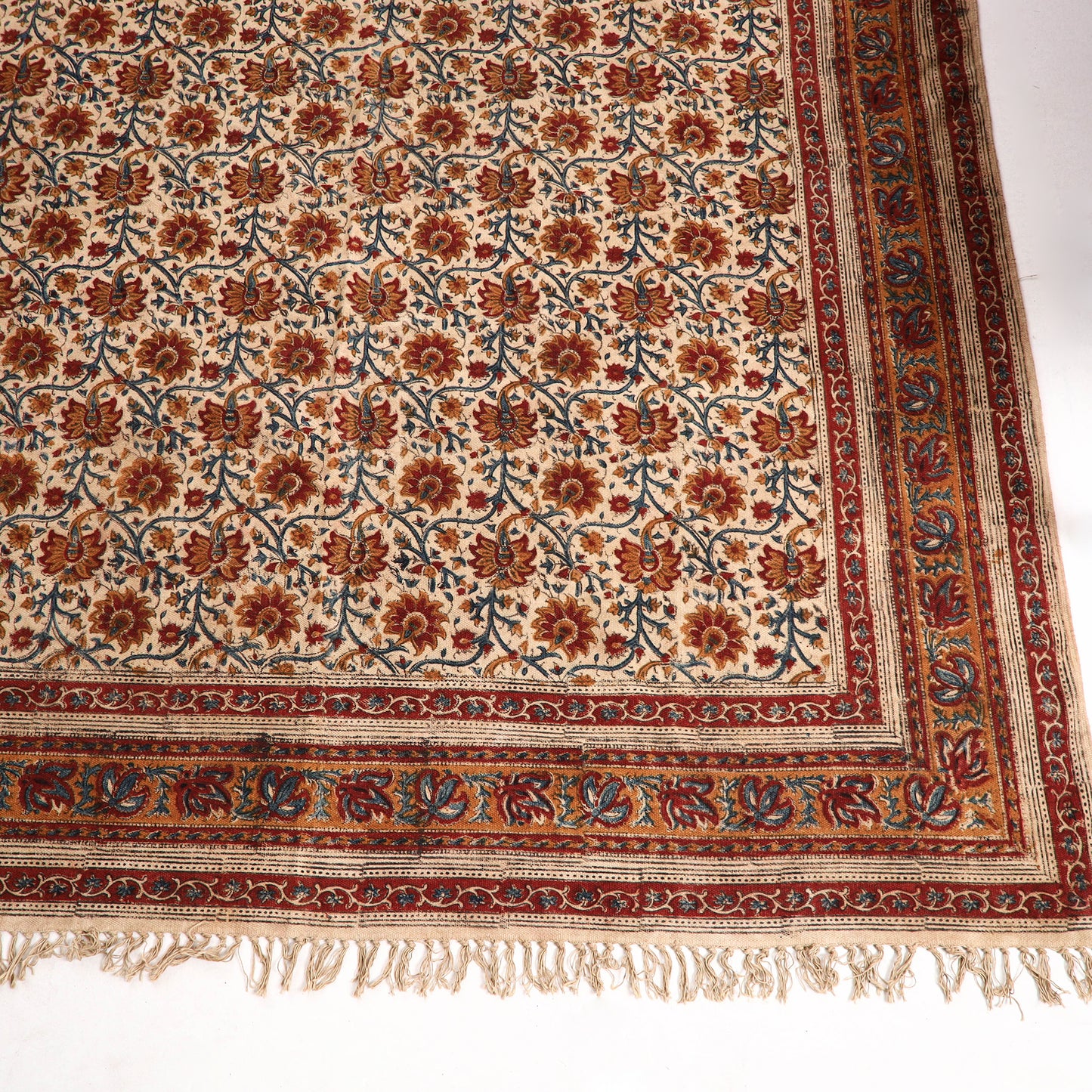 Warangal Weave Kalamkari Block Printed Cotton Durrie / Carpet / Rug (110 x 73 in)