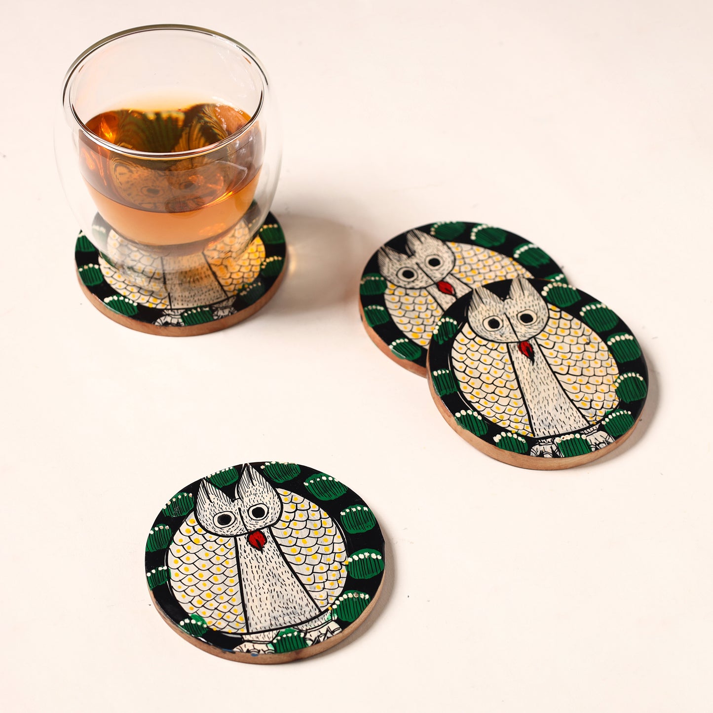 Bengal Patua Handpainted Akashmoni Wooden Coasters (Set of 4) 01