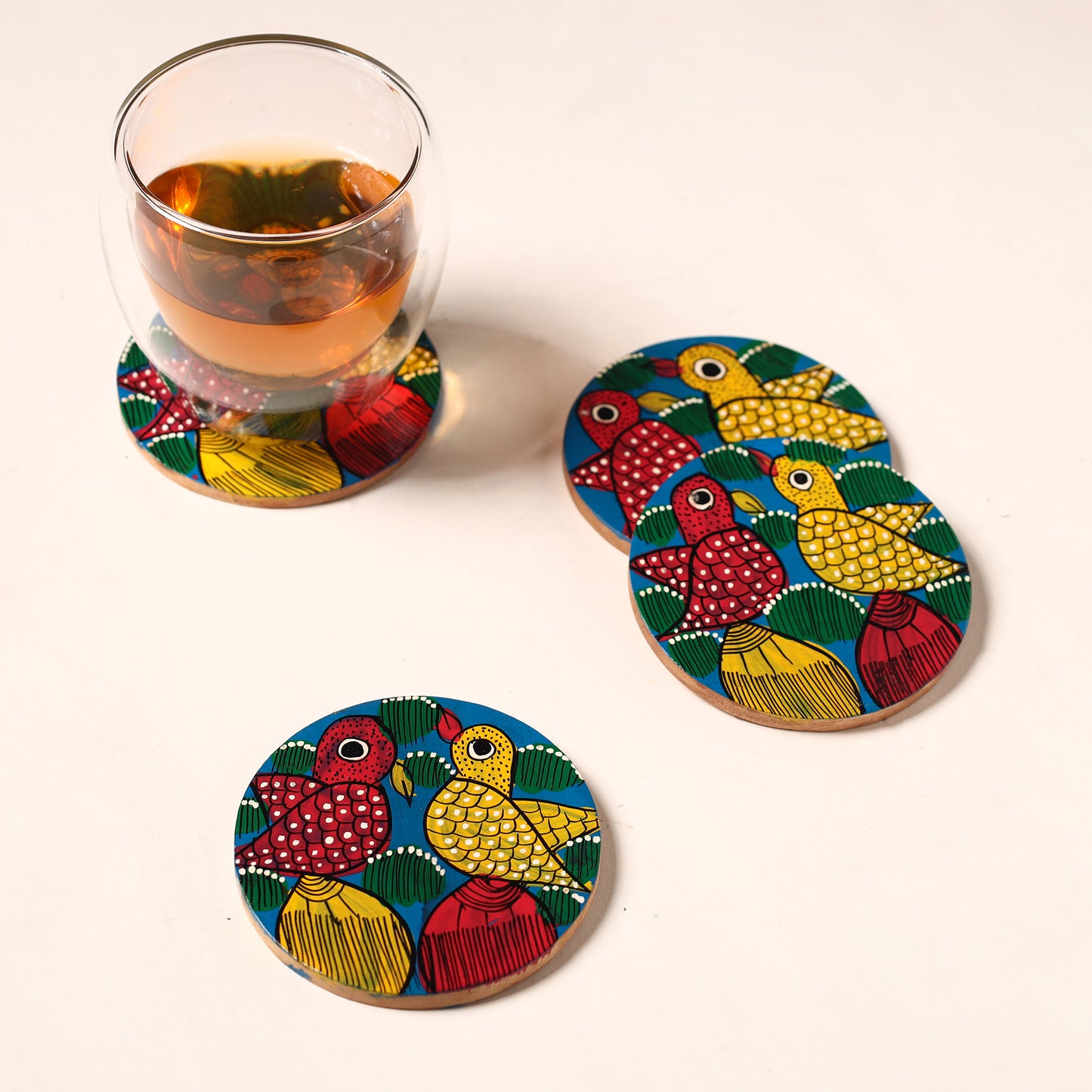 Bengal Patua Handpainted Akashmoni Wooden Coasters (Set of 4) 03