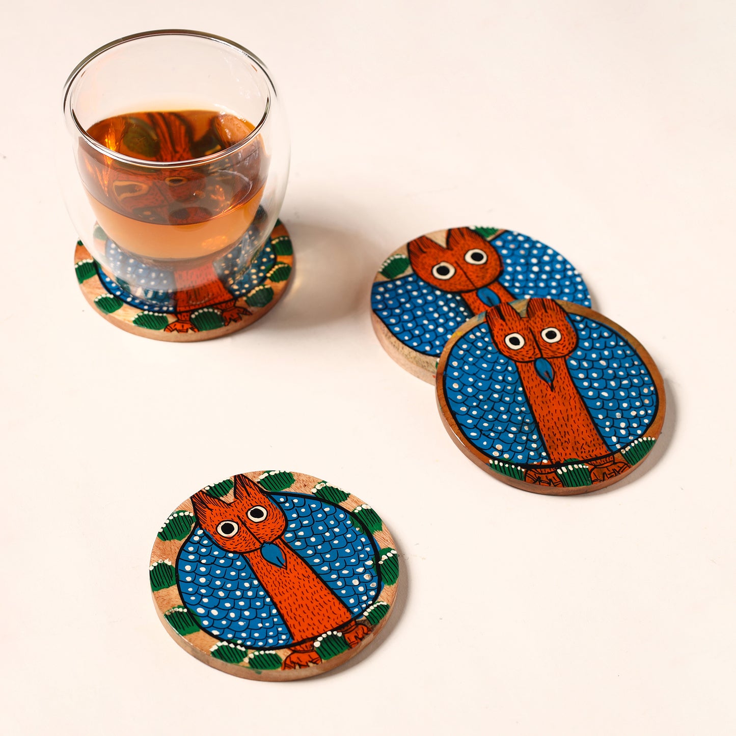 Bengal Patua Handpainted Akashmoni Wooden Coasters (Set of 4) 06