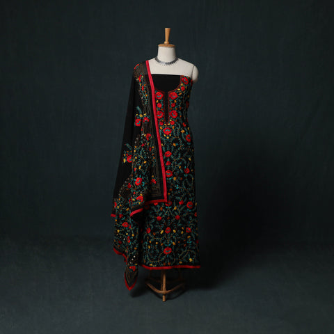 Black - Hand Embroidered Georgette 3pc Unstitched Dress Material Suit Set 11