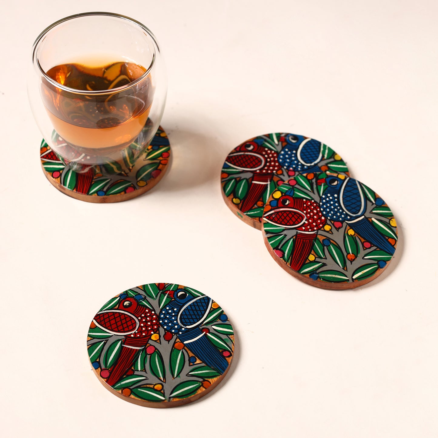 Bengal Patua Handpainted Akashmoni Wooden Coasters (Set of 4) 07