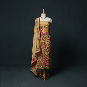 Yellow - Hand Embroidered Georgette 3pc Unstitched Dress Material Suit Set 12